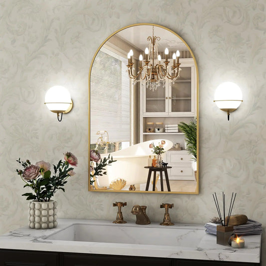 GLSLAND 16x24 inch Arch Bathroom Mirror - Arched Bathroom Mirror/Wall Mounted Vanity Mirror - Arch Metal Frame Wall Mirror for Bathroom Bedroom Living Room Gold